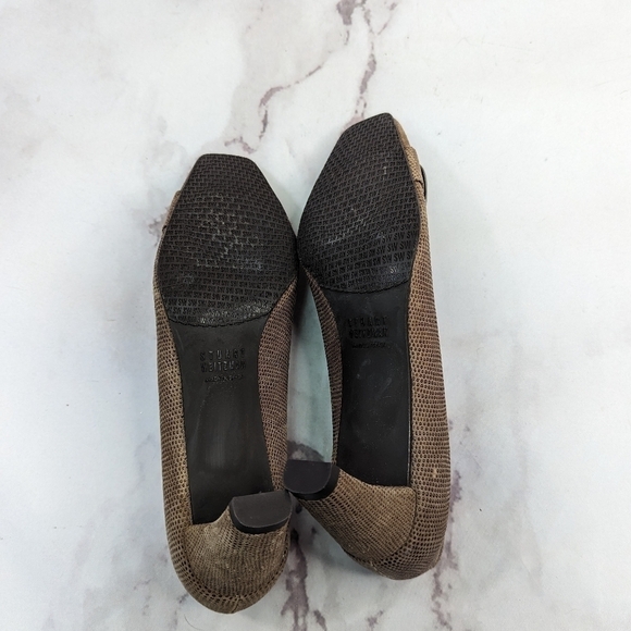 Stuart Weitzman 6.5 M Block Heel Pumps Women Tan Square Toe Buckle Snakeskin - Picture 10 of 11